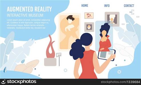 Exhibition with Augmented Reality in Museum of Visual Arts Web Banner, Lading Page. Woman with Tablet Studying Artists Drawings, Getting Information with AR Interface Trendy Flat Vector Illustration