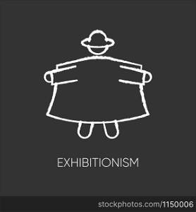 Exhibitionism chalk icon. Nude body exposure. Pervert in open coat. Deviation and perversion. Inappropriate erotic behaviour. Paraphilia. Mental disorder. Isolated vector chalkboard illustration