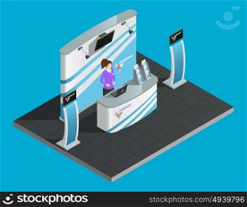 Exibition stand isometric. Exibition stand isometric with woman promoter vector illustration