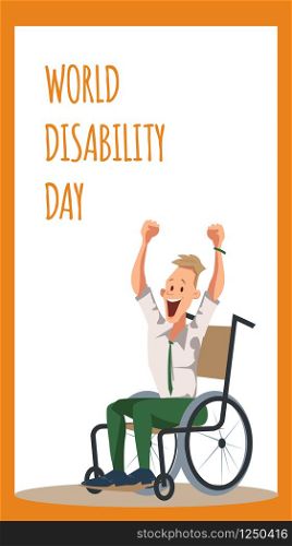 Exited Disabled Office Worker Sit in Wheelchair. Happy Male Character Smile, Cheer with Hand Up. Funny Coworker with Special Needs Celebrate Victory. Cartoon Flat Vector Illustration. Exited Disabled Office Worker Sit in Wheelchair