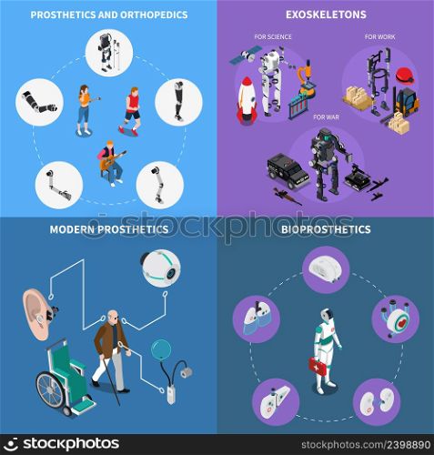 Exoskeleton bionic prosthetics concept icons set with orthopedics symbols isometric isolated vector illustration. Exoskeleton Bionic Prosthetics Concept Icons Set