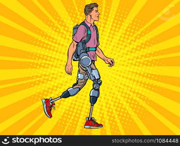 exoskeleton for the disabled. A man legless veteran walks. rehabilitation treatment recovery. science and technology. pop art retro vector illustration kitsch vintage drawing 50s 60s. exoskeleton for the disabled. A man legless veteran walks. rehabilitation treatment recovery. science and technology