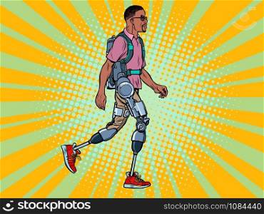 exoskeleton for the disabled. african man legless veteran walks. rehabilitation treatment recovery. science and technology. pop art retro vector illustration kitsch vintage drawing 50s 60s. exoskeleton for the disabled. african man legless veteran walks. rehabilitation treatment recovery. science and technology