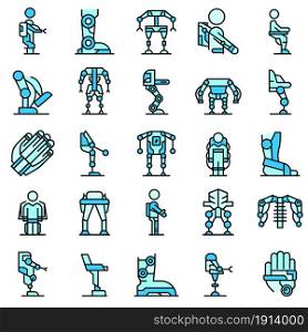 Exoskeleton icons set outline vector. Artificial cyber body. Bionics future color flat. Exoskeleton icons set line color vector