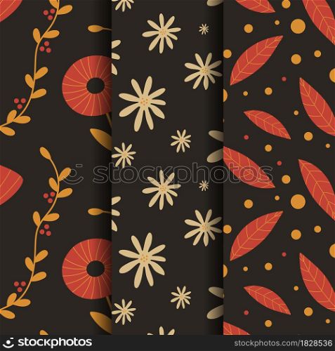 Exotic abstract foliage floral seamless patterns set. Vector illustration