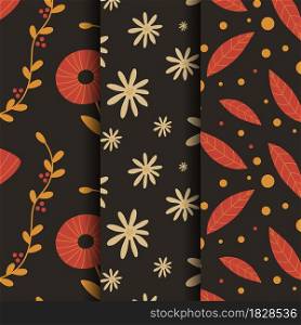 Exotic abstract foliage floral seamless patterns set. Vector illustration