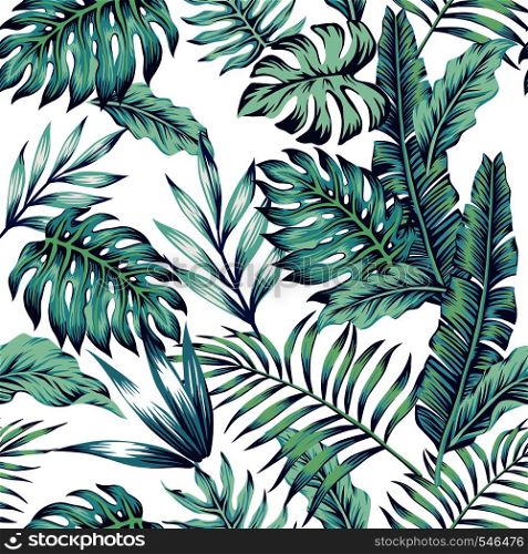 Exotic abstract vector blue jungle seamless pattern on the white background. Trendy art beach print wallpaper