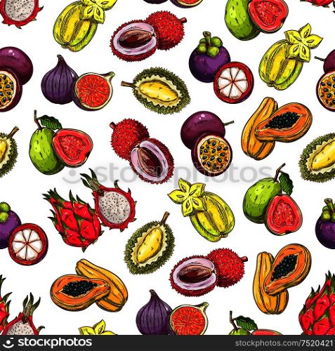 Exotic and tropical fruits pattern. Vector pattern of fresh and juicy ripe fruit icons dragon fruit, mangosteen, papaya, carambola, figs, guava, durian, lychee, passion fruit. Exotic and tropical fruits pattern