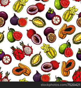 Exotic and tropical fruits pattern. Vector pattern of fresh and juicy ripe fruit icons dragon fruit, mangosteen, papaya, carambola, figs, guava, durian, lychee, passion fruit. Exotic and tropical fruits pattern