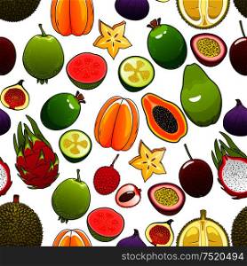 Exotic and tropical fruits. Vector seamless pattern of bright, fresh, juicy, whole and cut papaya, mango, carambola, feijoa, passion fruit maracuja and dragon fruit, lychee and durian, pomelo, guava, fig, mangosteen. Vector pattern of bright exotic and tropical fruits