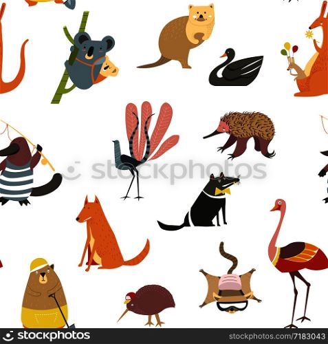Exotic animals, koala with baby sitting on bamboo branch seamless pattern isolated on white. Fox and wolf wildlife mammals with fur, flamingo and bear vector. Black swan bird and kangaroo with balloons. Exotic animals, koala with baby sitting on bamboo branch