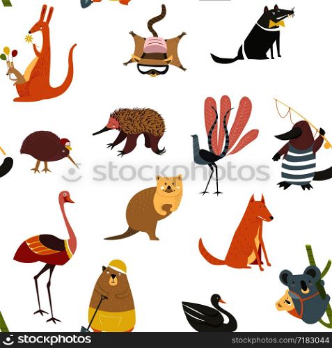 Exotic animals, koala with baby sitting on bamboo branch seamless pattern isolated on white. Fox and wolf wildlife mammals with fur, flamingo and bear vector. Black swan bird and kangaroo with balloons. Exotic animals, koala with baby sitting on bamboo branch seamless pattern isolated on white.