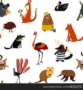 Exotic animals, koala with baby sitting on bamboo branch seamless pattern isolated on white. Fox and wolf wildlife mammals with fur, flamingo and bear vector. Black swan bird and kangaroo with balloons. Exotic animals, koala with baby sitting on bamboo branch seamless pattern isolated on white.