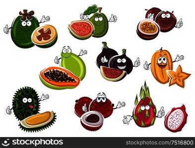 Exotic asian passion fruit and fig, papaya and lychee, starfruit and feijoa, guava, pitaya and durian fruits characters with happy faces. Funny tropical dessert fruits. Ripe exotic asian fruits characters