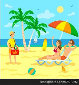 Exotic beach and sea shore, vacation and traveling vector. Couple on recliners under umbrella, palms and sailboat, cool drinks vendor, surfboard and ball. Vacation and Traveling, Exotic Beach and Sea Shore