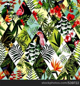 Exotic beach trendy seamless pattern, patchwork illustrated floral vector tropical banana leaves, hibiscus flower, lilies, plumeria. Jungle parrots and pink flamingos Wallpaper print background mosaic