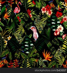 Exotic beach trendy seamless pattern, patchwork illustrated floral vector tropical banana leaves, hibiscus flower, lilies, plumeria. Jungle parrots and pink flamingos Wallpaper print black background