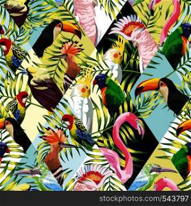 Exotic beach trendy seamless pattern, patchwork illustrated tropical birds vector. Jungle parrots, pink flamingo, toucan Wallpaper print tropic palm leaves background mosaic