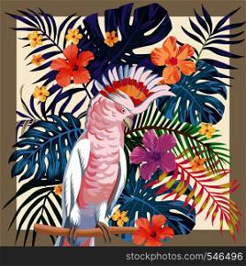 Exotic bird parrot ara on the abstract color tropical palm leaves and hibiscus flowers pattern frame