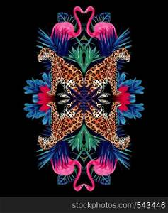 Exotic bird pink flamingo, leopard and nature tropical plant leaf in the fashion mirror style. Illustrator vector paradise print wallpapers