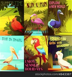 Exotic Birds 6 Posters composition Poster . Exotic colorful birds 6 posters composition with cockatoo parrot pelican and flamingo on beach resort vector illustration
