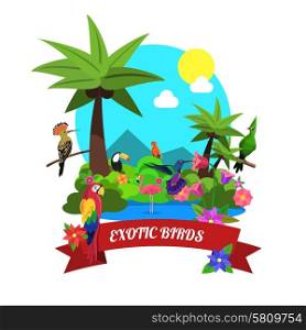 Exotic birds concept with tropical island nature flat vector illustration. Exotic Birds Concept