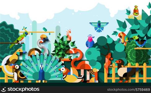 Exotic birds in tropical jungle forest colorful background vector illustration