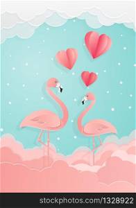 Exotic birds love. Flamingo couple. Beautiful pink birds. Love with paper cut white hearts. Happy Valentine's day.