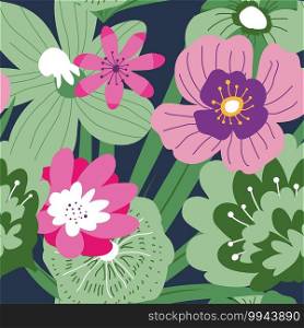 Exotic blooming pink and purple flowers with lush greenery and leaves. Tropical botany, floral background or wallpaper. Romantic bouquet or feminine texture. Seamless pattern, vector in flat style. Tropical blooming flowers and leaves pattern