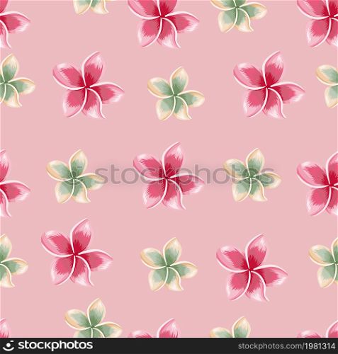 Exotic blooming plumeria seamless pattern on pink background. Tropical flowers wallpaper. Abstract botanical backdrop. Design for fabric , textile print, wrapping, cover. Vector illustration.. Exotic blooming plumeria seamless pattern on pink background.