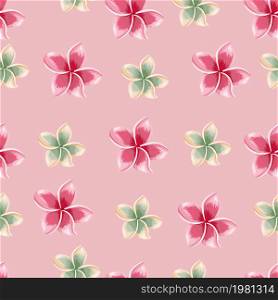 Exotic blooming plumeria seamless pattern on pink background. Tropical flowers wallpaper. Abstract botanical backdrop. Design for fabric , textile print, wrapping, cover. Vector illustration.. Exotic blooming plumeria seamless pattern on pink background.