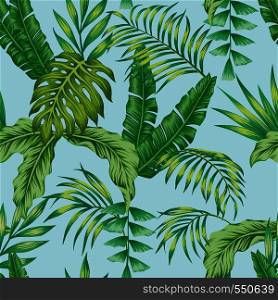 Exotic botanic vector green jungle seamless pattern on the blue background. Trendy art beach print wallpaper