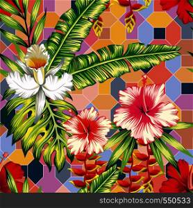 Exotic botanical composition from hibiscus, orchid flowers and palm, banana, monstera leaves on the positive energy tint color seamless geometrical background. Joyful summer pattern
