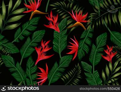 Exotic botanical pattern bird o paradise flowers and tropical palm leaves seamless. Black background vector A4 style wallpaper