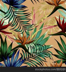 Exotic botanical vivid wallpaper multicolor realistic flat vector tropical flowers bird of paradise and foliage seamless pattern on the beige background