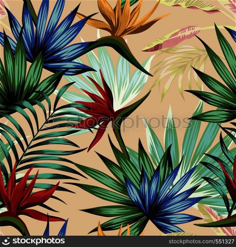 Exotic botanical wallpaper multicolor realistic flat vector tropical jungle flowers bird of paradise and foliage seamless pattern on the pink background