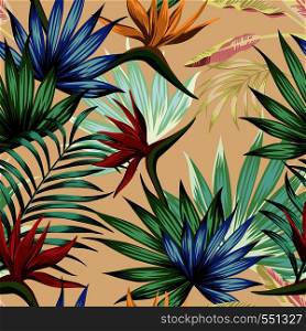 Exotic botanical wallpaper multicolor realistic flat vector tropical jungle flowers bird of paradise and foliage seamless pattern on the pink background