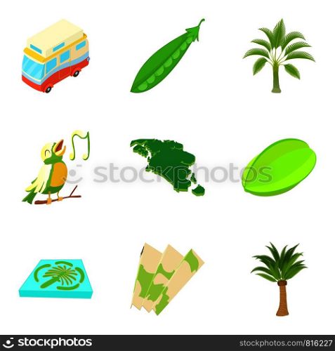 Exotic camping icons set. Cartoon set of 9 exotic camping vector icons for web isolated on white background. Exotic camping icons set, cartoon style