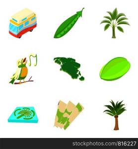 Exotic camping icons set. Cartoon set of 9 exotic camping vector icons for web isolated on white background. Exotic camping icons set, cartoon style