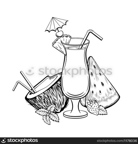 Exotic cocktail hand drawn vector illustration. Summer recreation, tropical resort symbol. Delicious refreshment with straw and umbrella black and white drawing. Coconut, watermelon and strawberry. Summer cocktail coloring book vector illustration