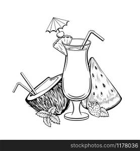 Exotic cocktail hand drawn vector illustration. Summer recreation, tropical resort symbol. Delicious refreshment with straw and umbrella black and white drawing. Coconut, watermelon and strawberry. Summer cocktail coloring book vector illustration
