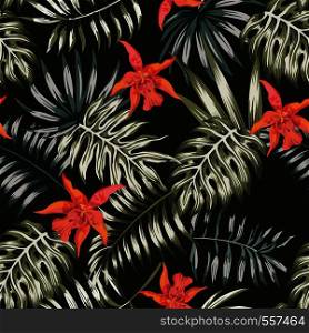 Exotic composition from tropical banana, monstera, palm leaves and flowers on the black background. Trendy pattern vector seamless fabric wallpaper.