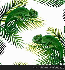 Exotic composition seamless pattern lizard chameleon on the banana leaves white background