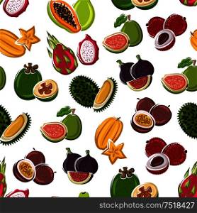 Exotic dessert fruits background with star fruits, papaya, lychee, passion fruits, violet figs, dragon fruits, guavas and durian fruits seamless pattern. Vegetarian dessert, tropical cocktail design. Tropical dessert fruits seamless pattern