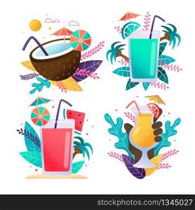 Exotic Drinks Advertising Cartoon Set in Tropical Style. Alcoholic Drinks, Fresh Juice, Cold Coconut Cocktail. Straw, Fruit Slice, Umbrella Decor. Tropical Vector Flat Illustration with Plant Leaves. Exotic Drinks Advertising Cartoon Tropical Set