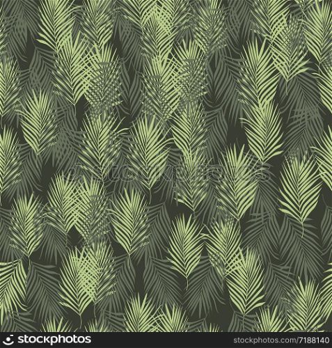 Exotic fern leaves seamless pattern on black background. Tropical palm leaf pattern, vector botanical wallpaper. For book covers, design, graphic art, wrapping paper, fabric, textile print. Exotic fern leaves seamless pattern on black background. Tropical palm leaf pattern,