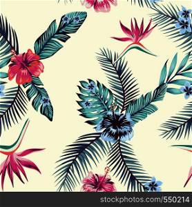 Exotic flower Hibiscus, plumeria, frangipani, bird of paradise. Blue leaves seamless pattern light yellow background. Trendy vector wallpaper