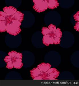 Exotic flower pink hibiscus abstract pink color seamless pattern blue circles background
