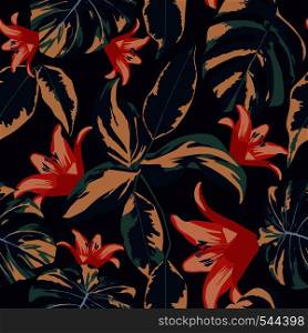 Exotic flowers and leaves seamless tropical design floral vector dark blue background