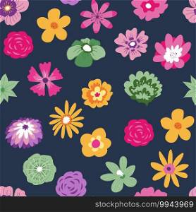 Exotic flowers and tropical blossom seamless pattern. Hawaiian decorative flora, wallpaper or background. Print for card or wrapping paper. Textile with roses ornaments. Vector in flat style. Tropical flowers in bloom, blossom botany pattern